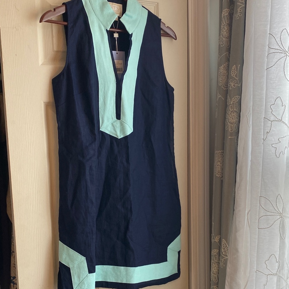 Sail to Sable Asymmetrical Dress in Navy and Mint NWT 100% Linen size M